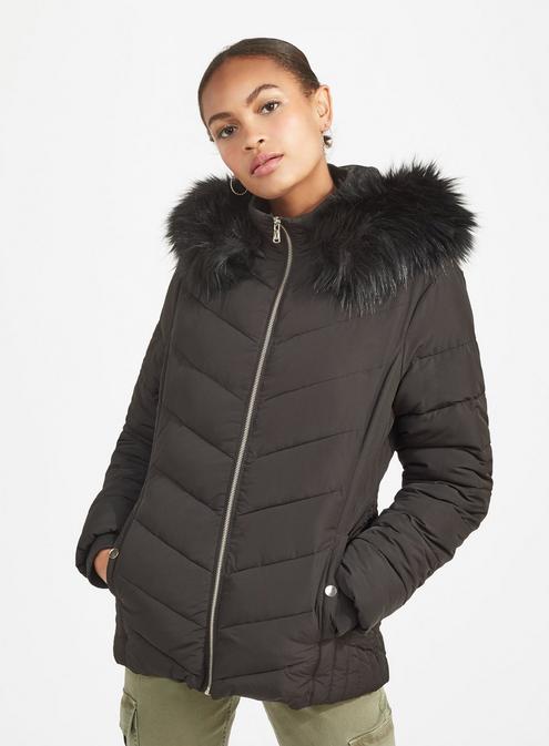 Black Fur Hood Tan Parka Jacket for Women