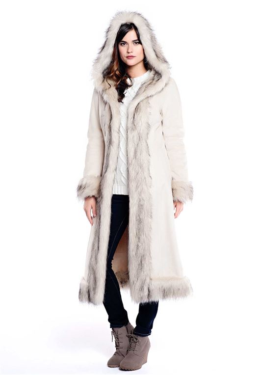 Cream Ivory Faux Fur & Suede Full Length Hooded Coat