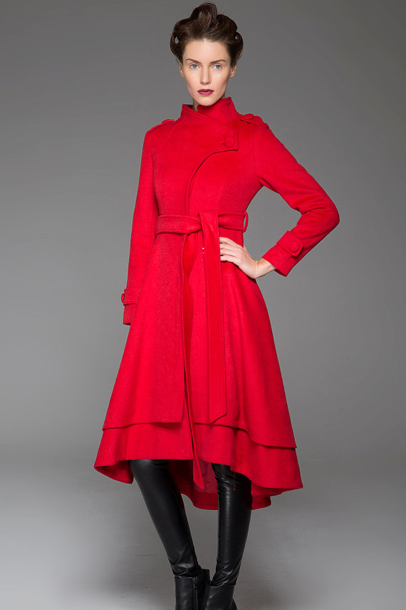 Red Belted Fitted Winter Coat