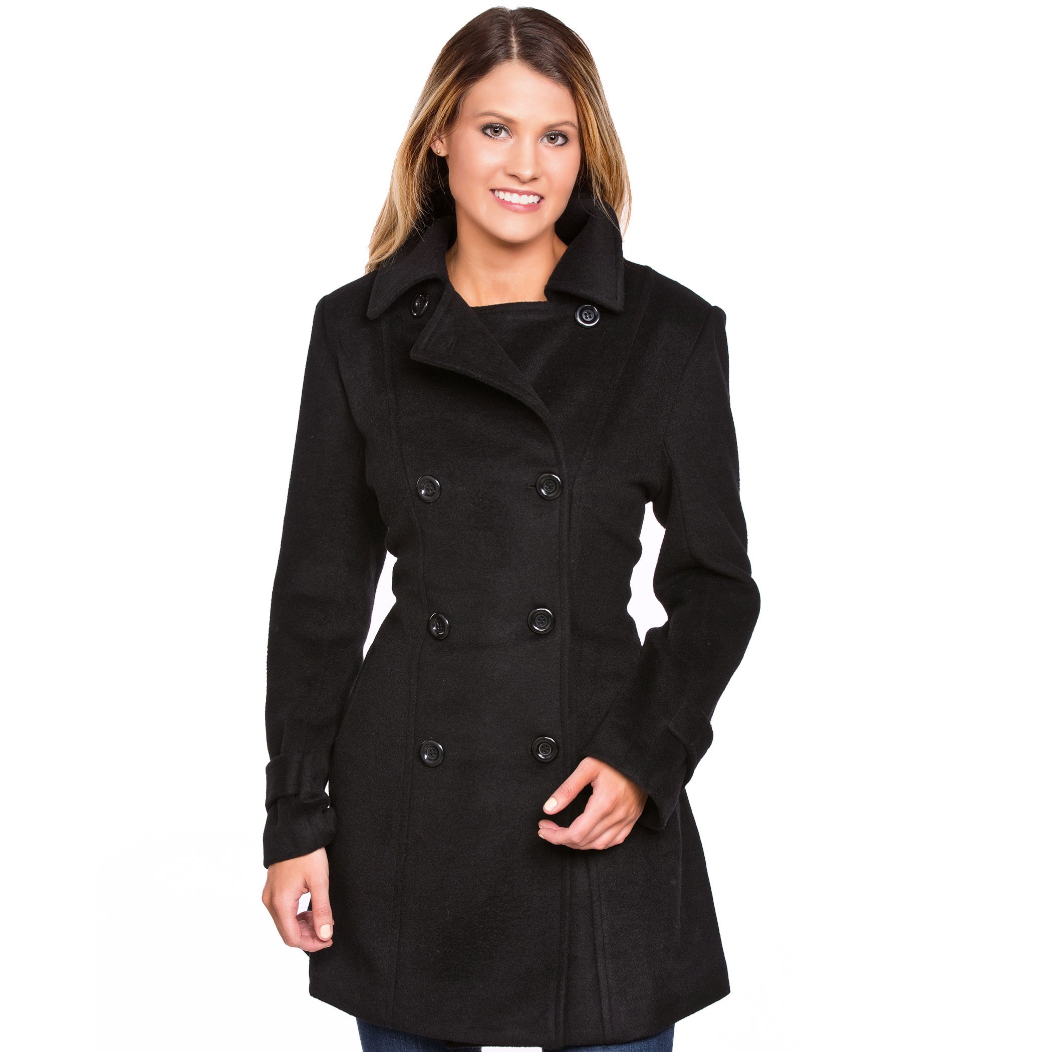 Black Wool Blend Double Breasted Pea Coat for Women