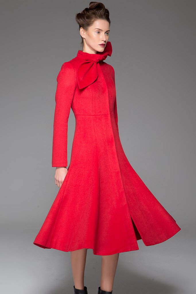 Elegant Red Women Fitted Winter Coat