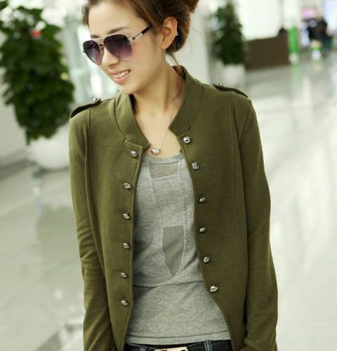 Green Double Breasted Short Coat for Women