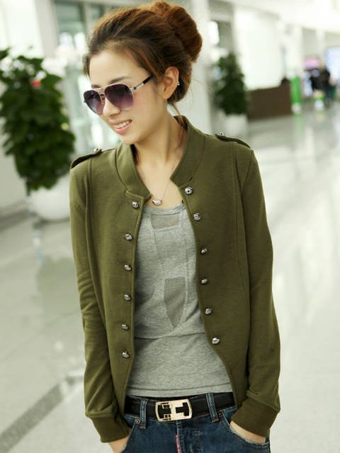 Green Double Breasted Short Coat for Women
