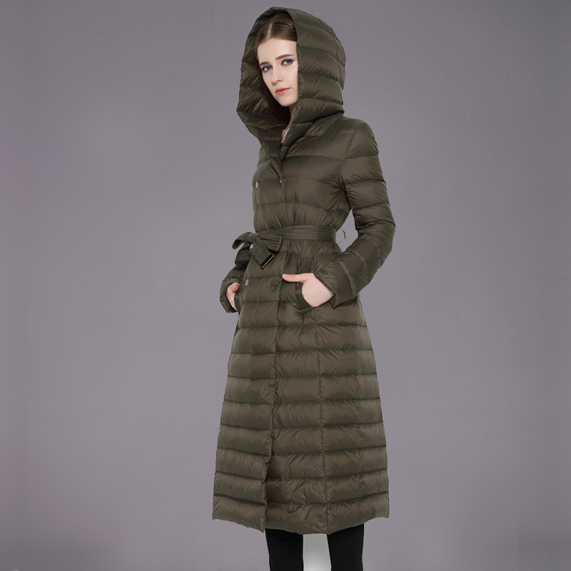 BITOPYTOPSIY Women Winter Warm Knee Length Down Coat Solid Hooded Thick Slim Jacket Long Overcoat 