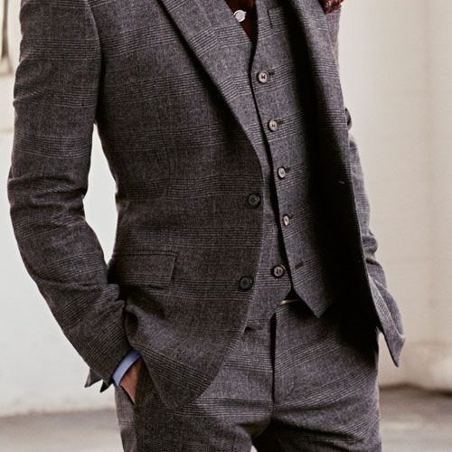 Mens Grey Wool Three Piece Wedding Suit