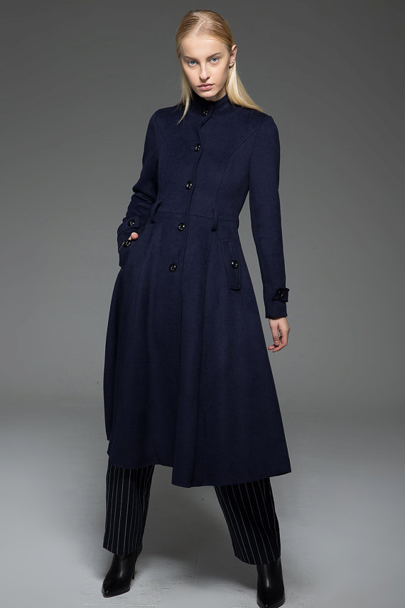 Navy Blue Long Classic Tailored Fitted Winter Coat
