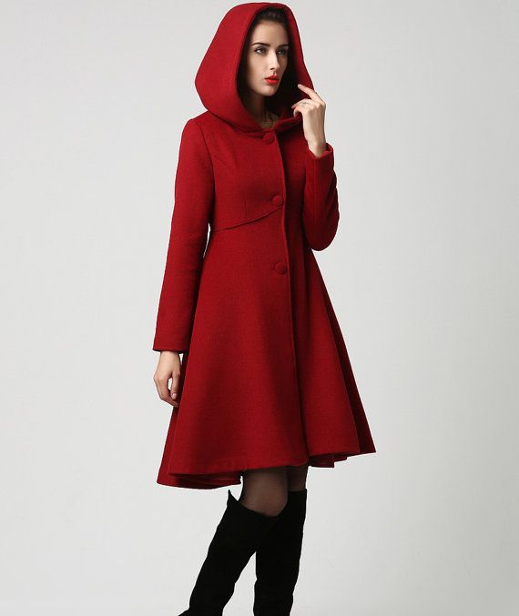 Red Wool Midi Coat with Hood
