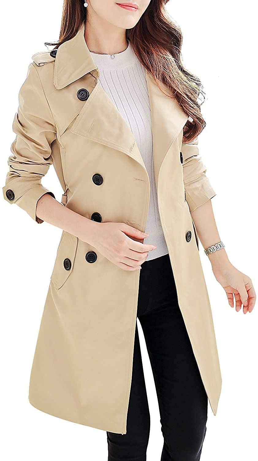 Bomden Womens Trench Coat Button Solid Color Hooded Jacket Turn-Down Collar Winter Long-Sleeved Windshield Cardigan 
